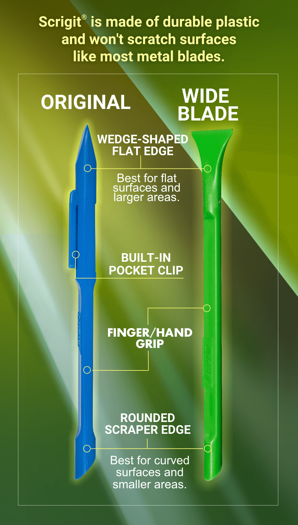 Scrigit won't scrach surfaces like most metal blades