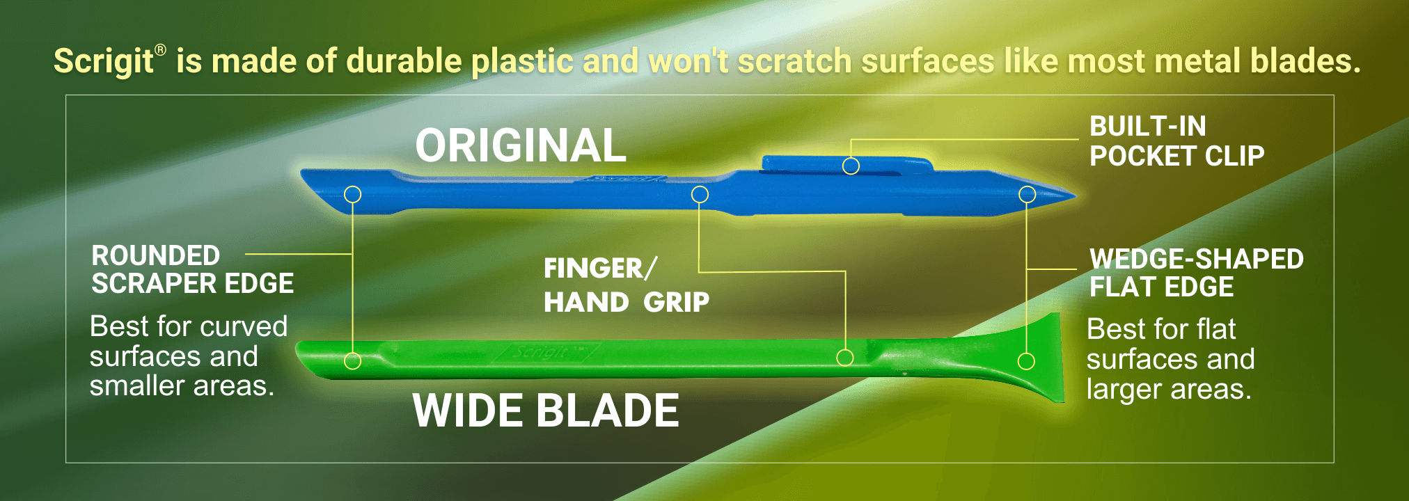 Scrigit won't scrach surfaces like most metal blades